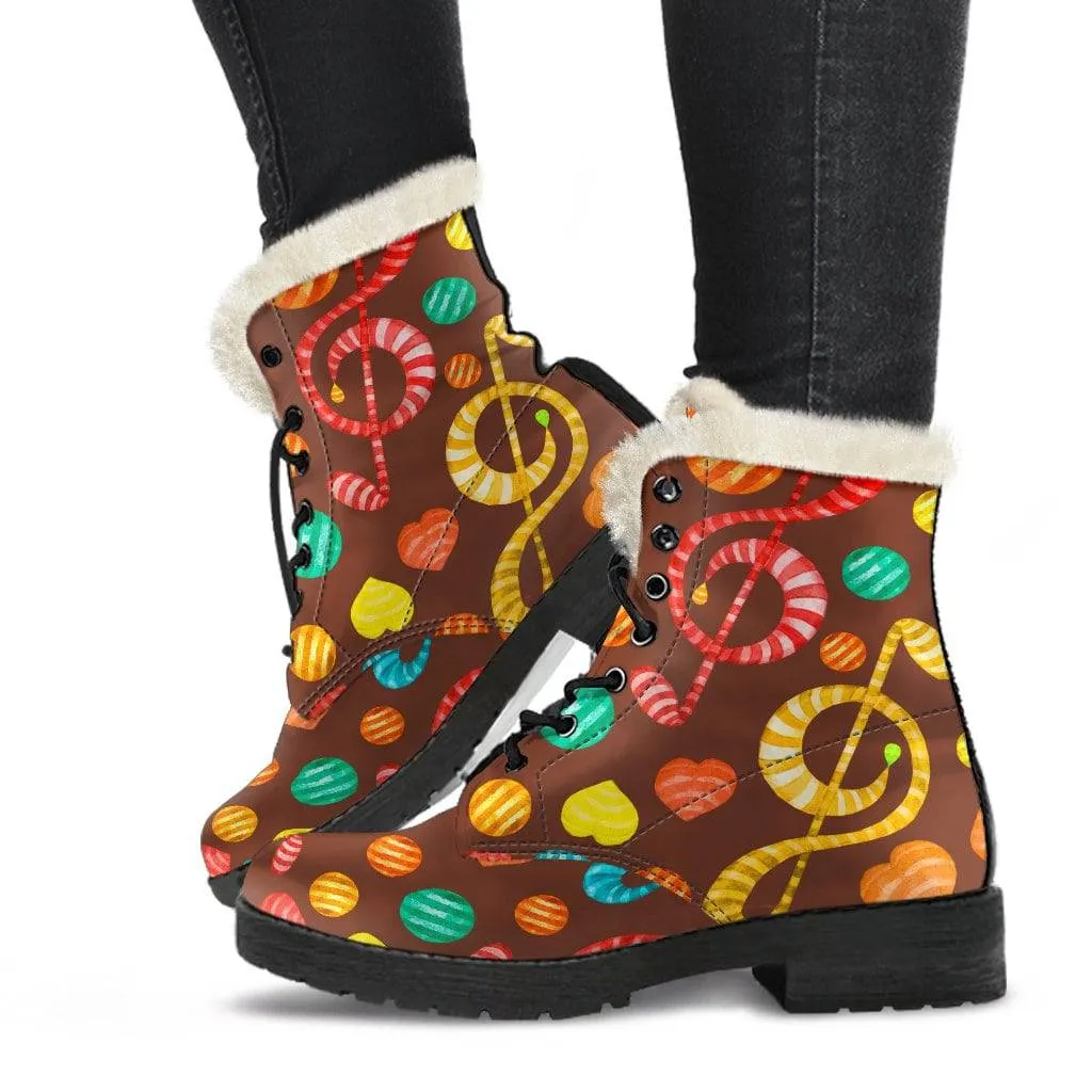 Music Notes Candy Design Faux Fur Leather Boots Winter Custom shoes