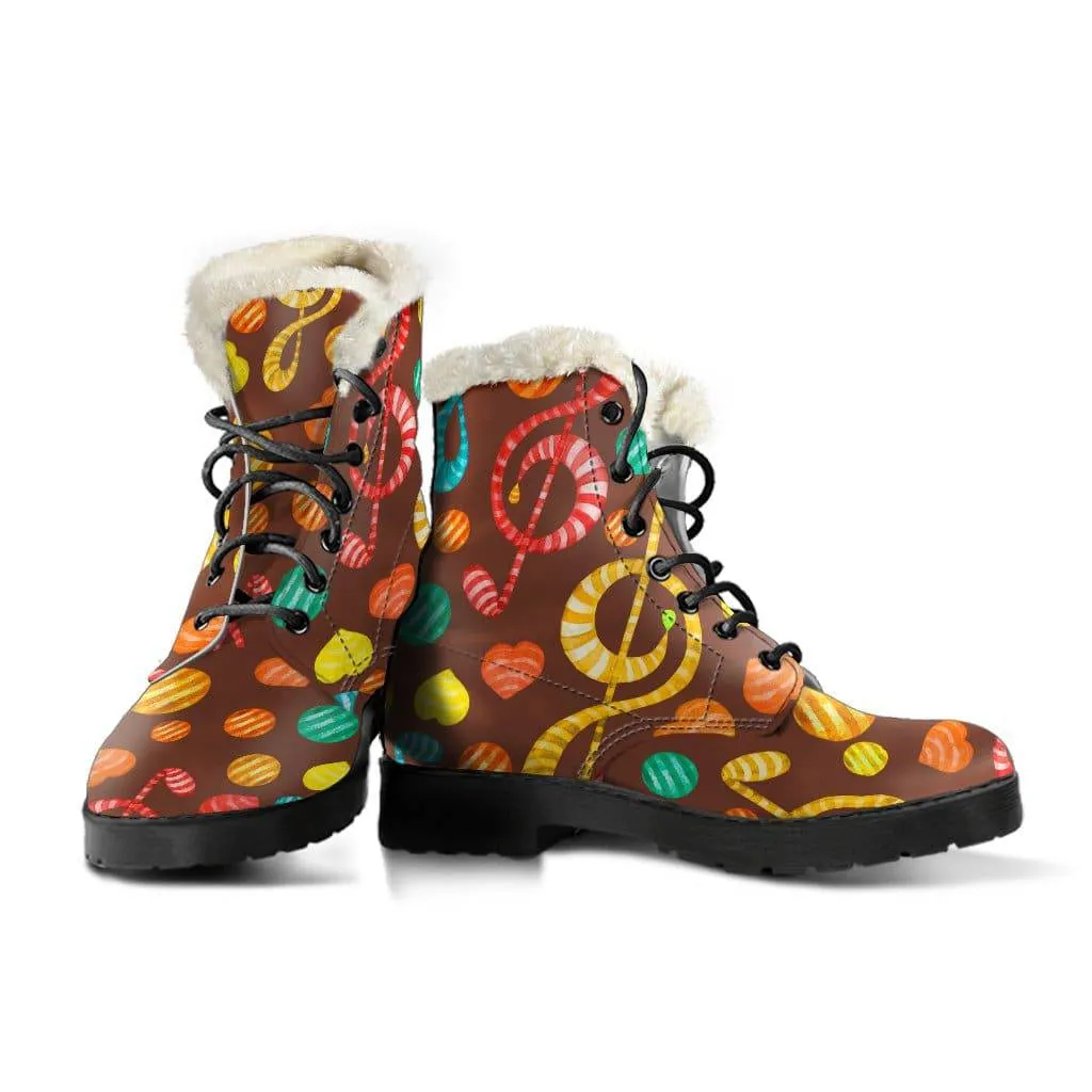 Music Notes Candy Design Faux Fur Leather Boots Winter Custom shoes