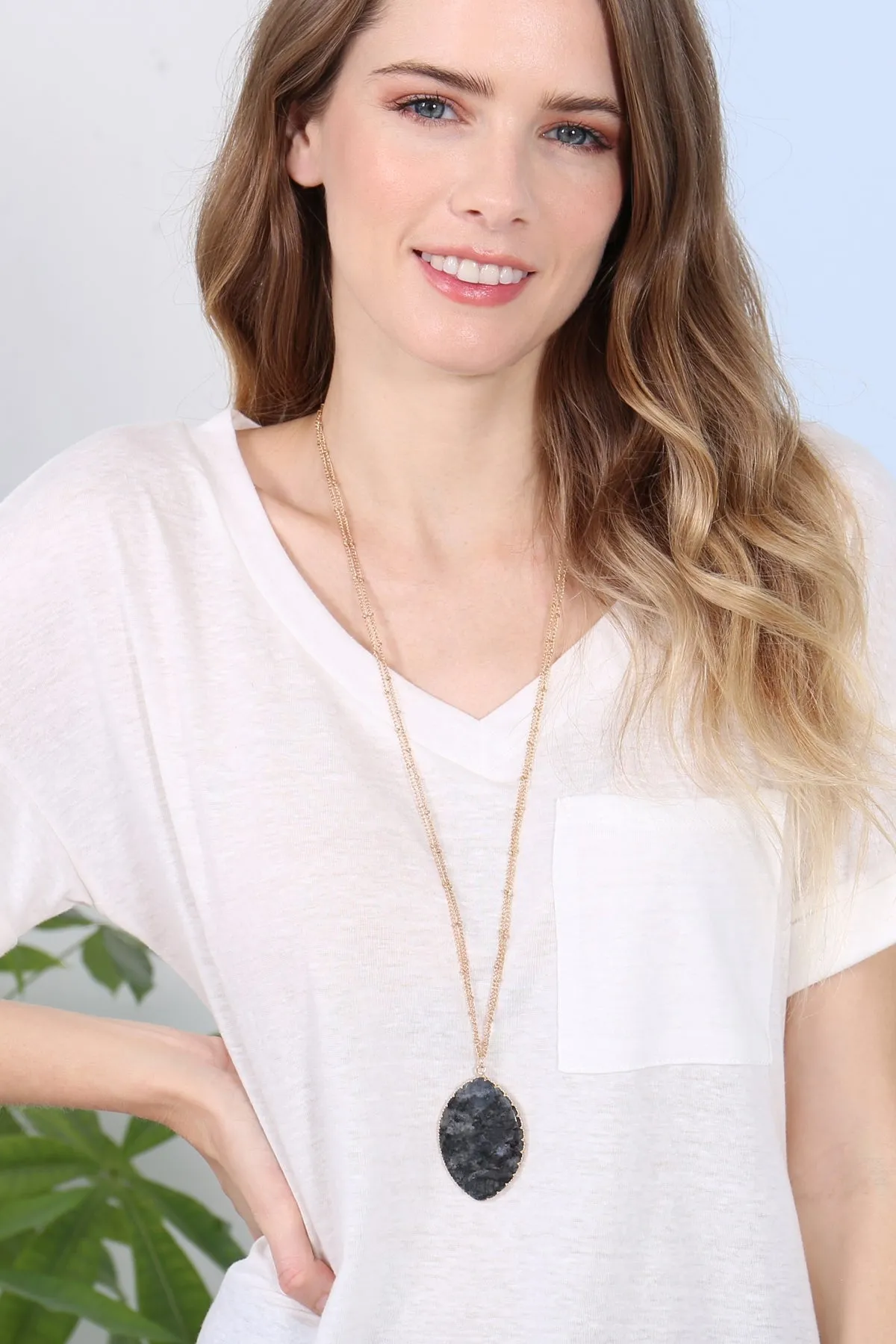 NATURAL STONE WRAP OVAL PENDANT CHAIN NECKLACE