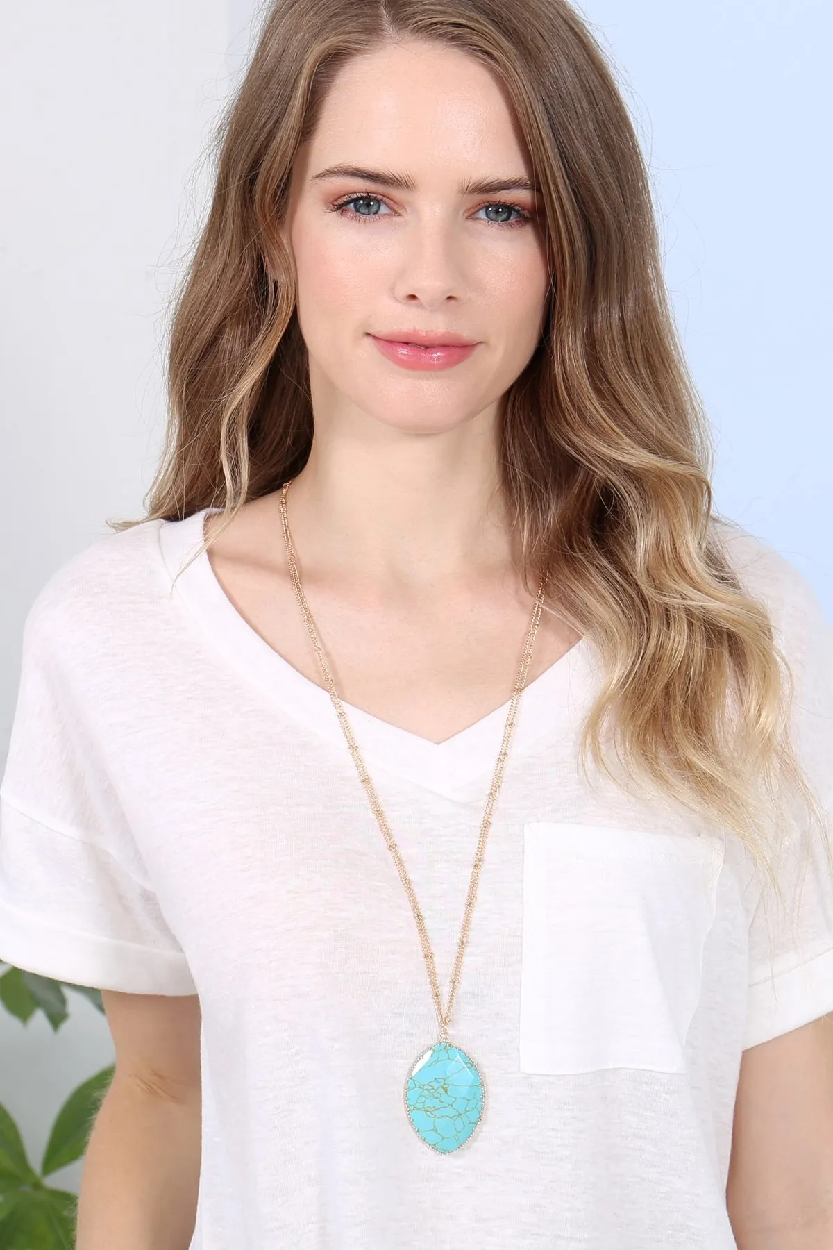NATURAL STONE WRAP OVAL PENDANT CHAIN NECKLACE