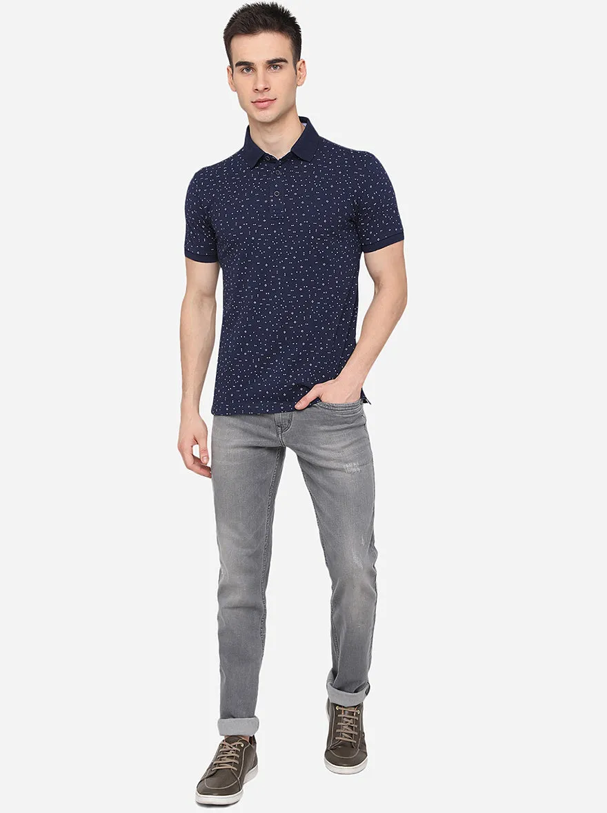 Navy Blue Printed Slim Fit Polo T-Shirt | JadeBlue