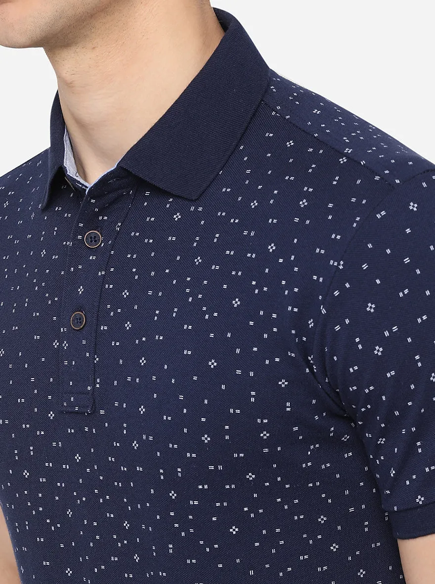 Navy Blue Printed Slim Fit Polo T-Shirt | JadeBlue
