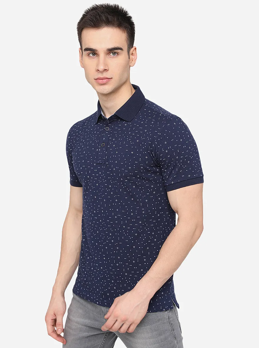 Navy Blue Printed Slim Fit Polo T-Shirt | JadeBlue