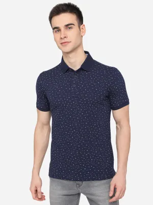 Navy Blue Printed Slim Fit Polo T-Shirt | JadeBlue