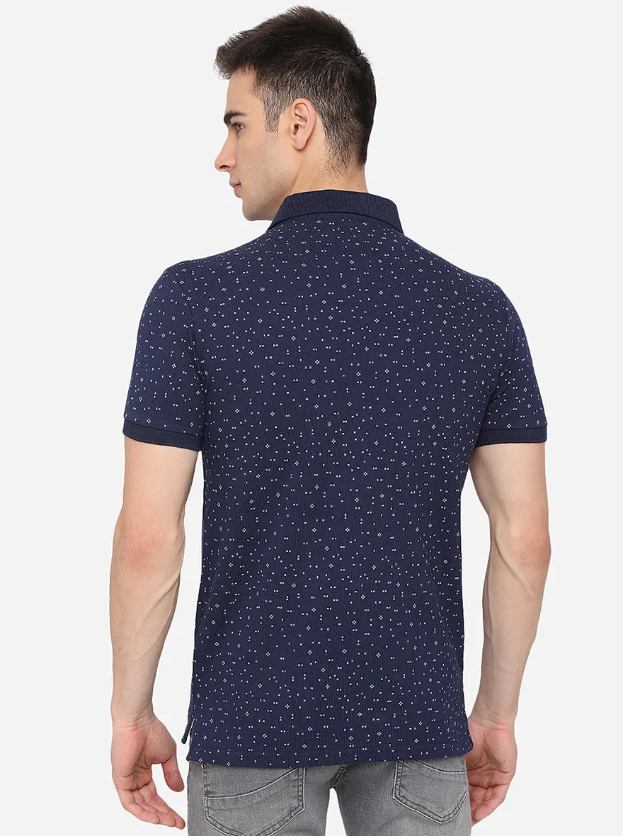 Navy Blue Printed Slim Fit Polo T-Shirt | JadeBlue