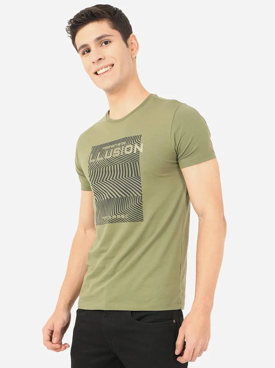 Olive Green Printed Slim Fit T-Shirt | JadeBlue