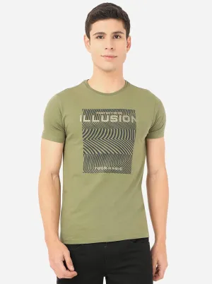 Olive Green Printed Slim Fit T-Shirt | JadeBlue