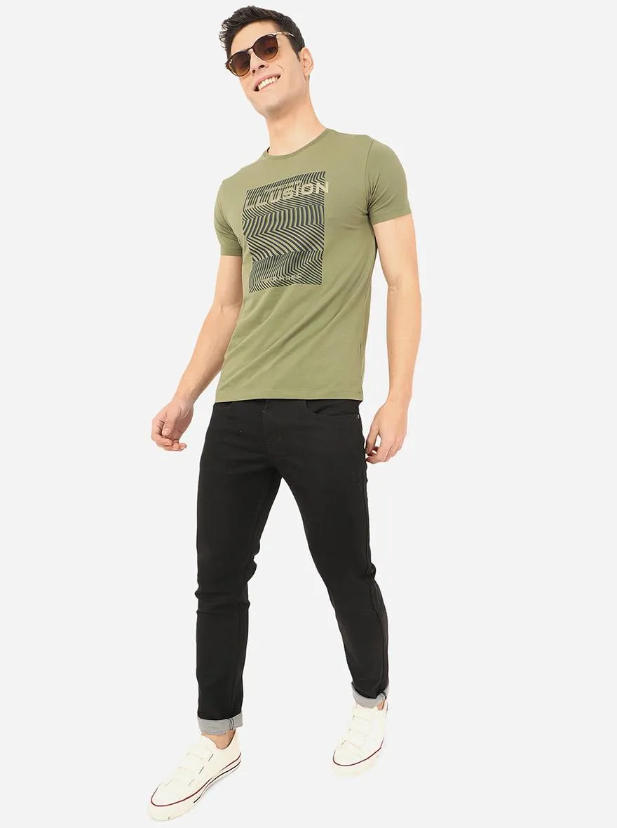 Olive Green Printed Slim Fit T-Shirt | JadeBlue