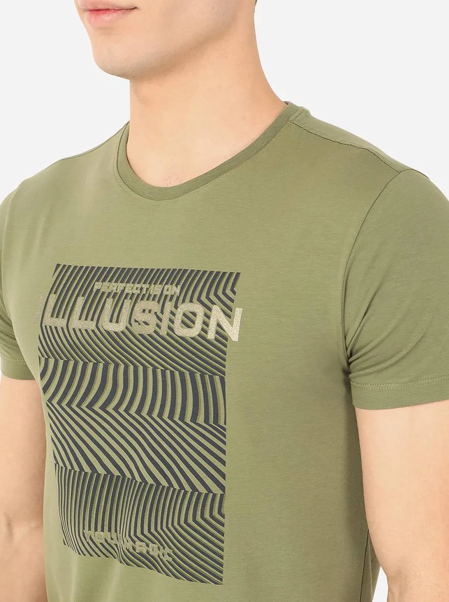 Olive Green Printed Slim Fit T-Shirt | JadeBlue