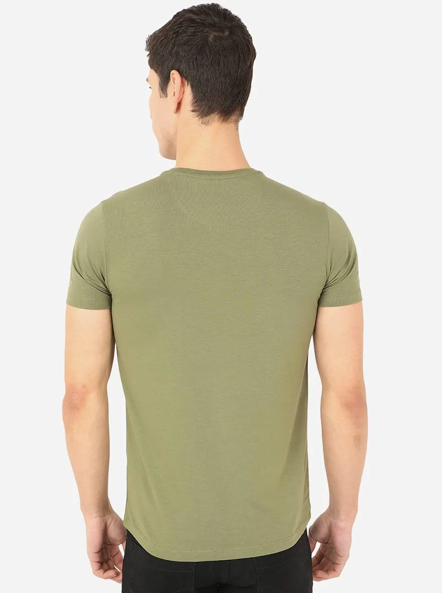 Olive Green Printed Slim Fit T-Shirt | JadeBlue