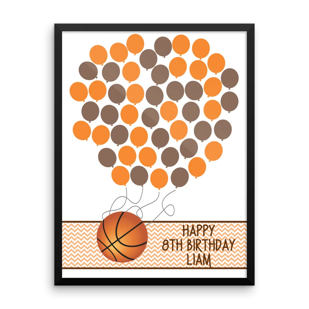Personalized Birthday Guest Book Alternative - Basketball Balloons - Customized Poster, Print, Framed or Canvas, 50 Signatures
