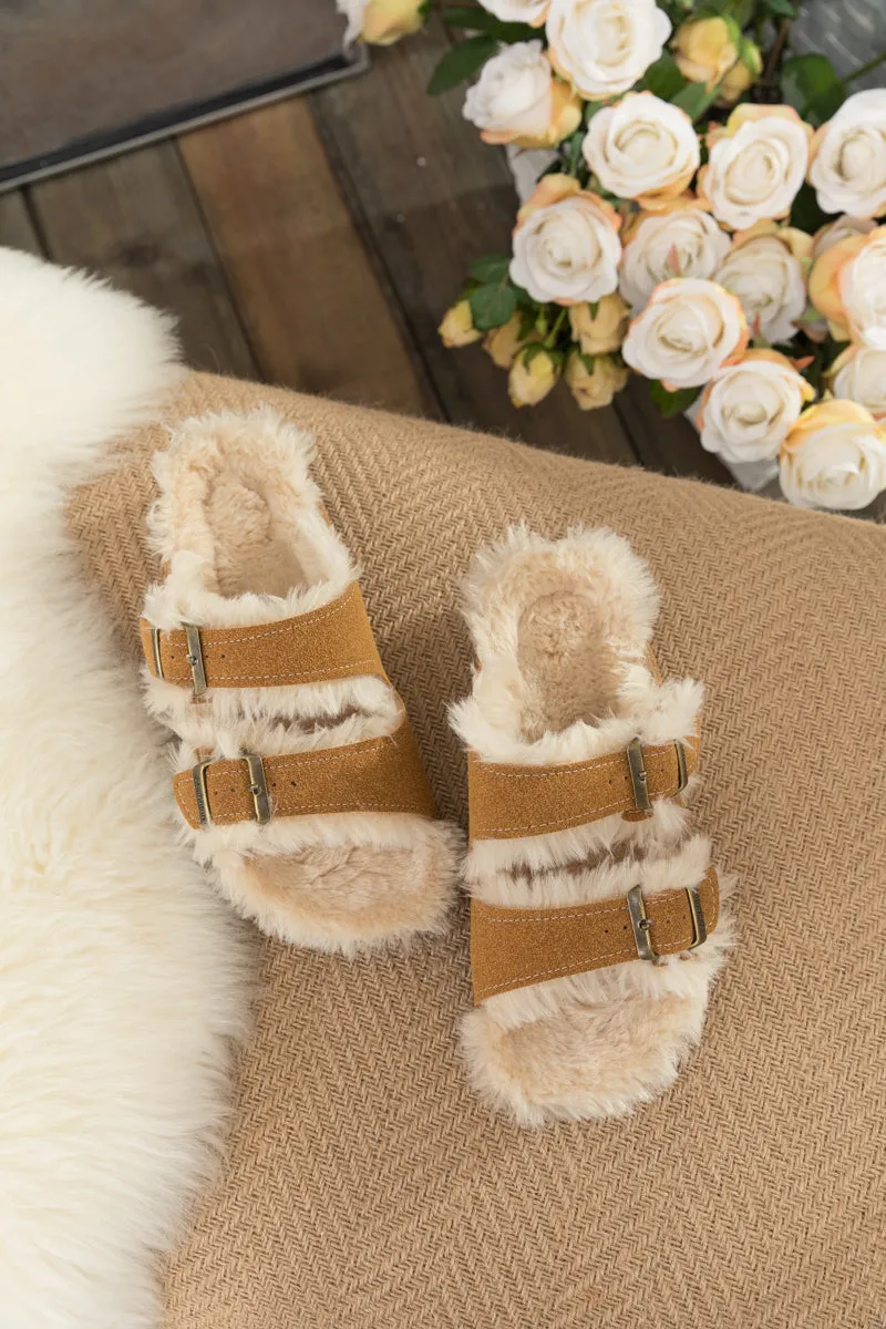 Plush Insole Dual-Strap Brown Sandals Slide Shoes