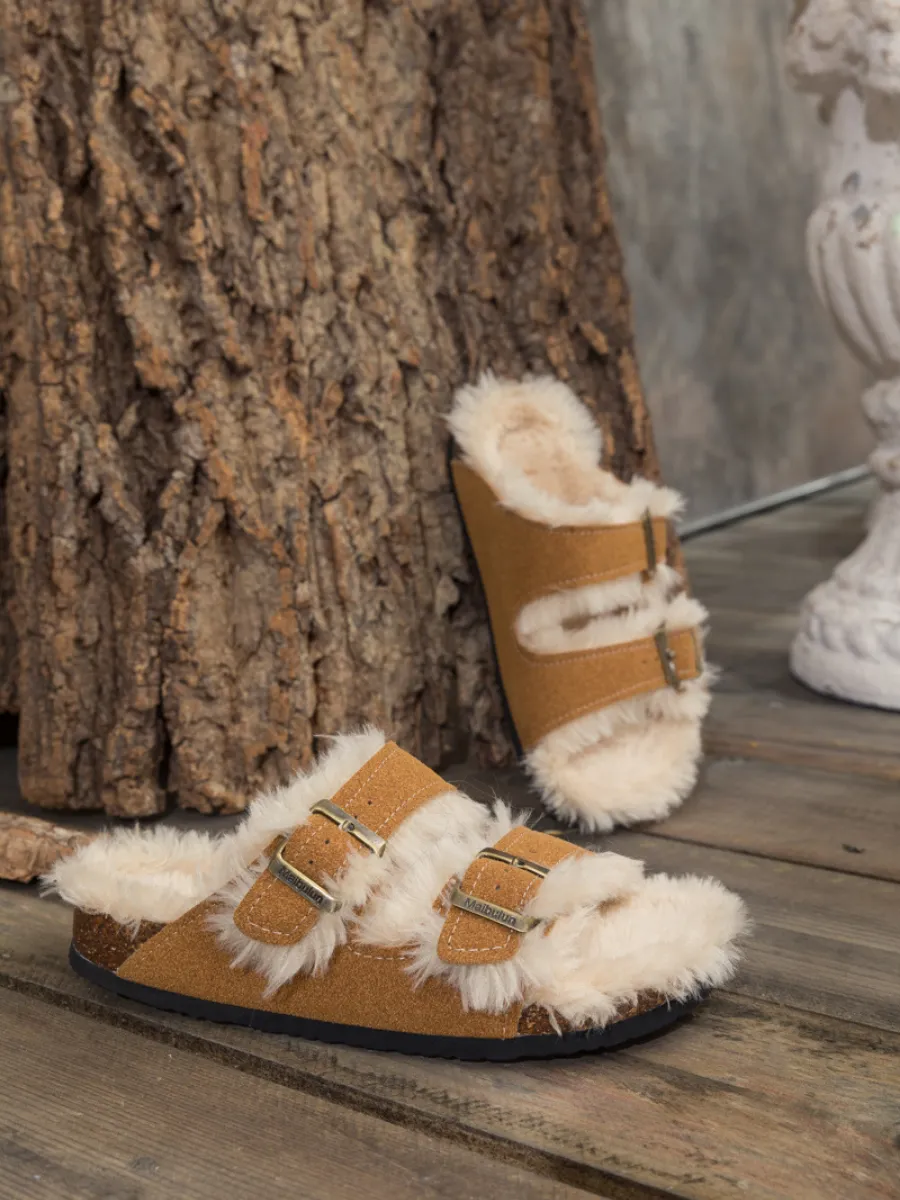 Plush Insole Dual-Strap Brown Sandals Slide Shoes