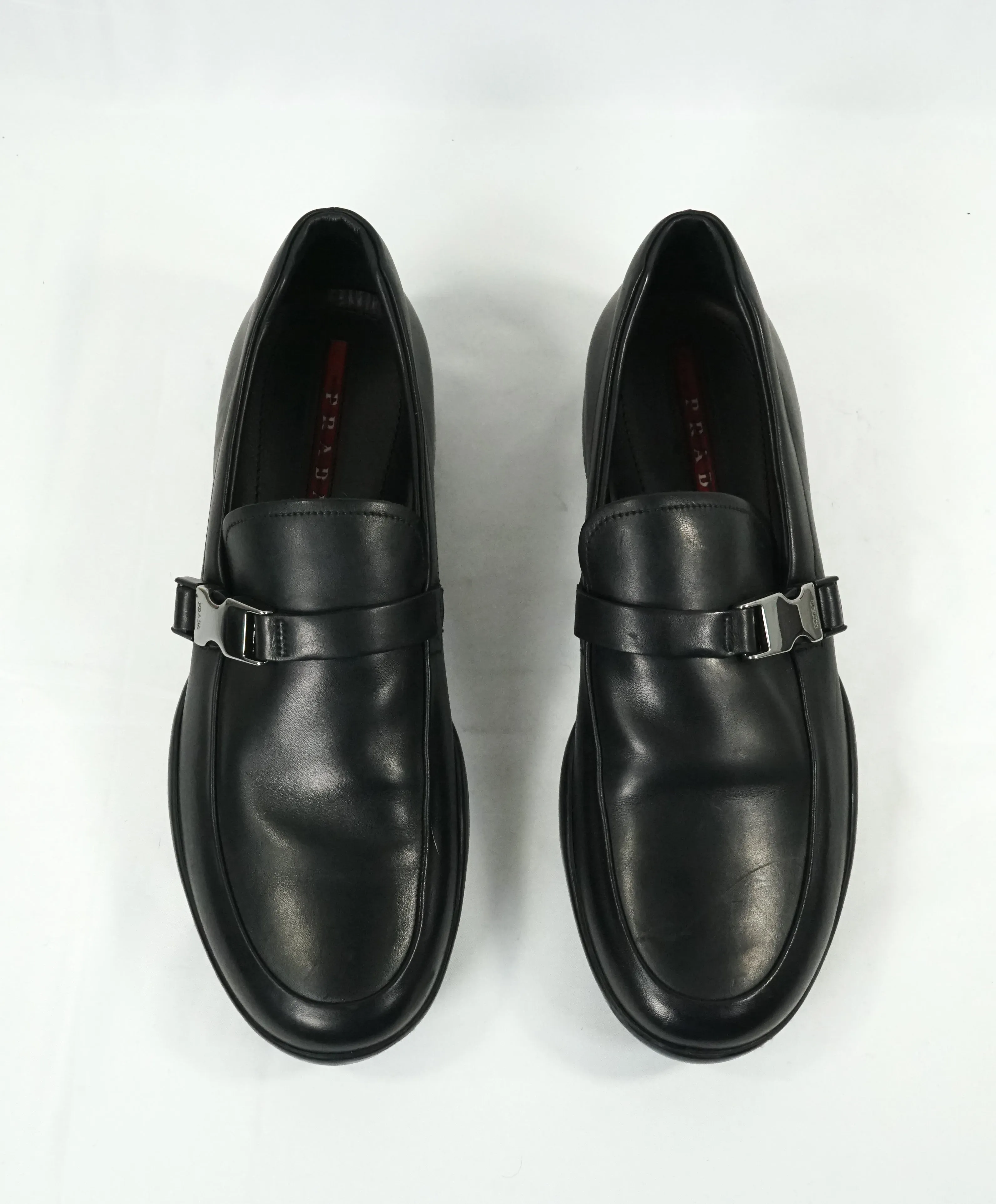PRADA - Linea Rossa Engraved Logo Buckle Loafers  - 10.5