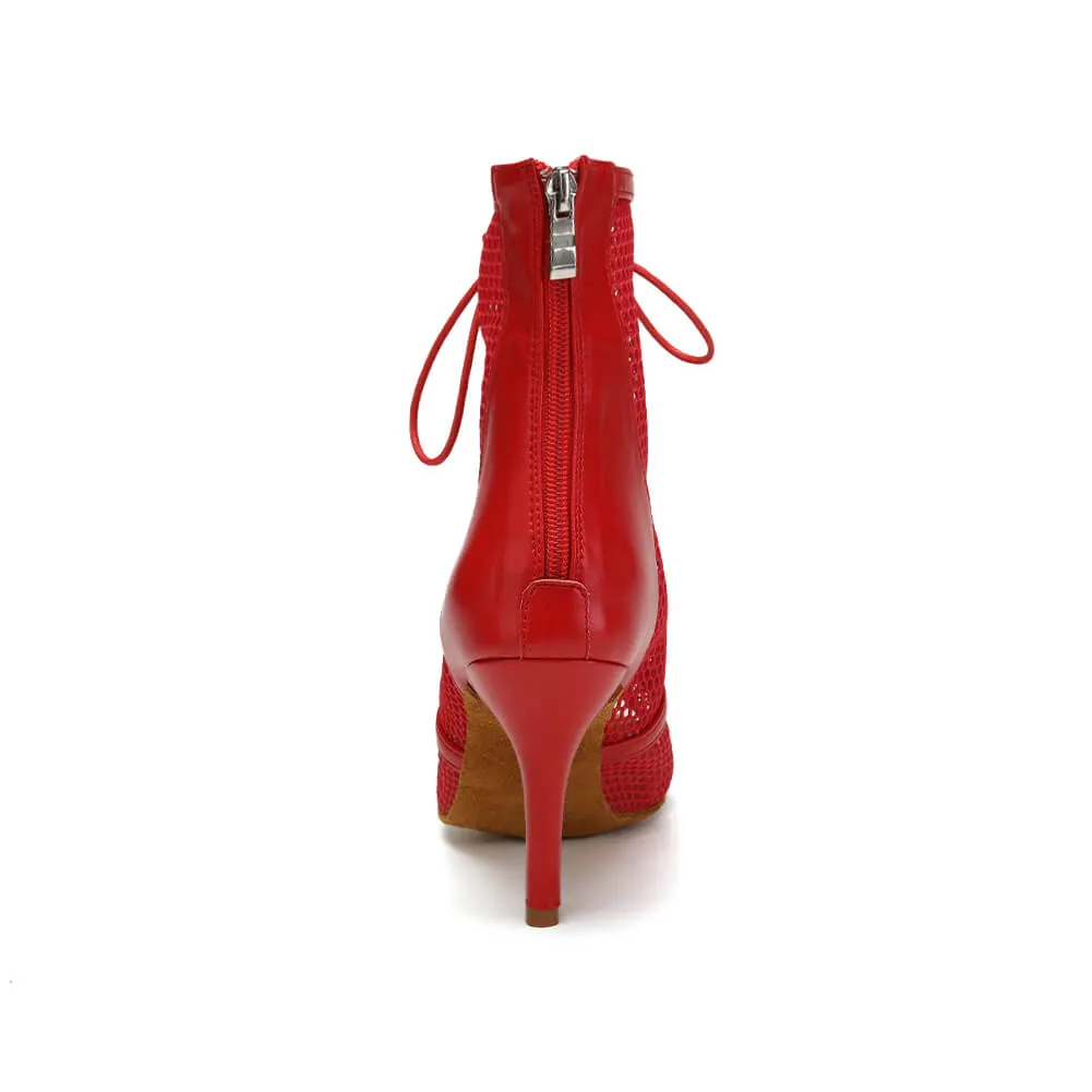 Red Lace Up Mesh Dance Boots