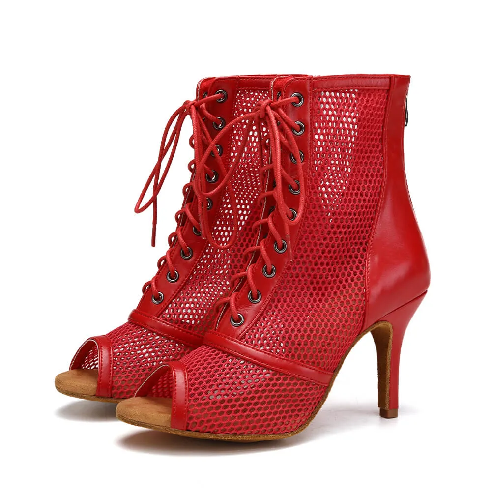 Red Lace Up Mesh Dance Boots