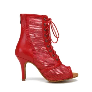 Red Lace Up Mesh Dance Boots