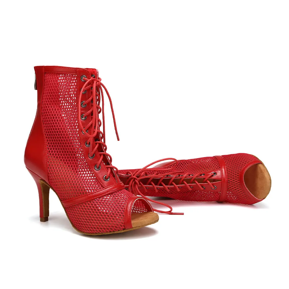 Red Lace Up Mesh Dance Boots