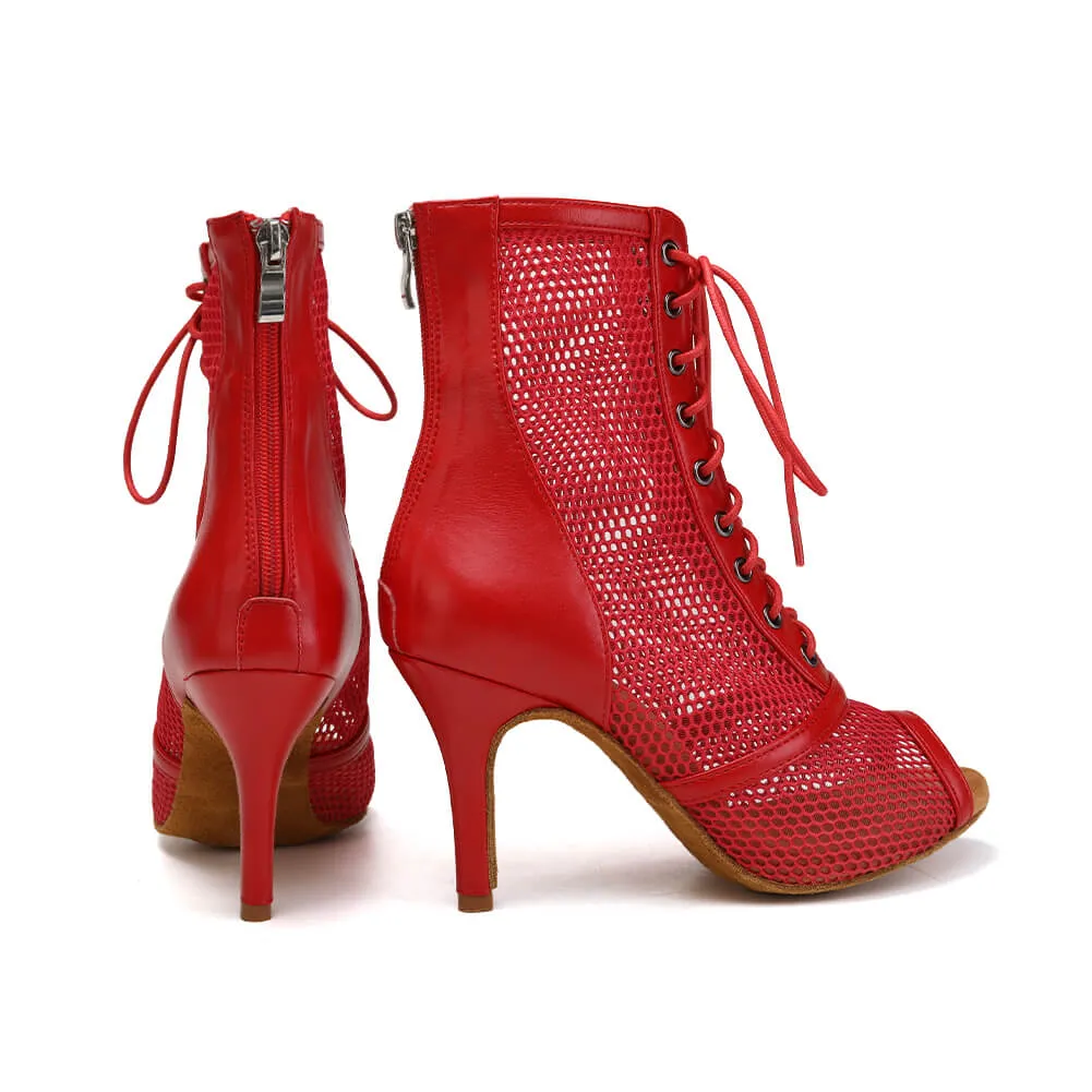 Red Lace Up Mesh Dance Boots