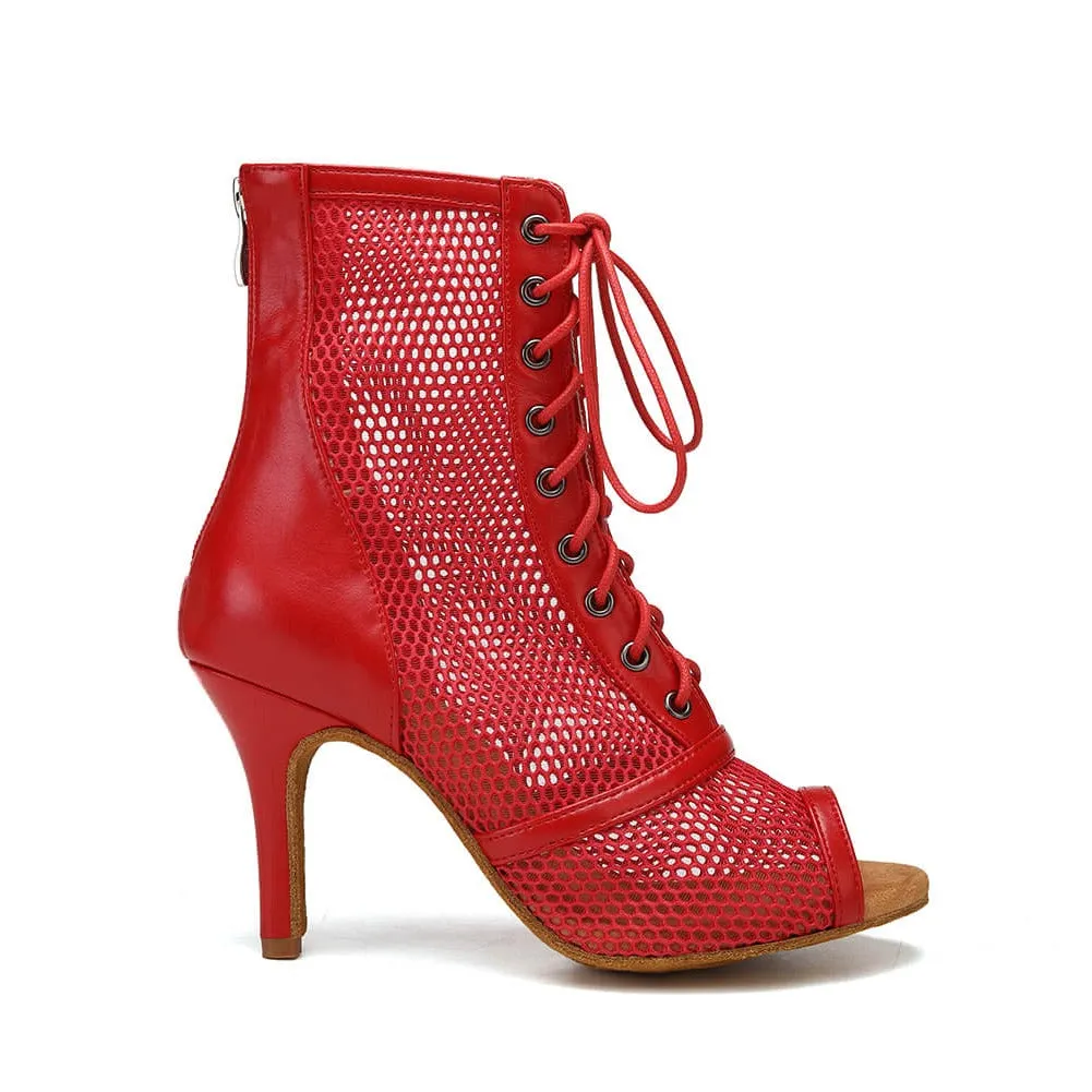 Red Lace Up Mesh Dance Boots