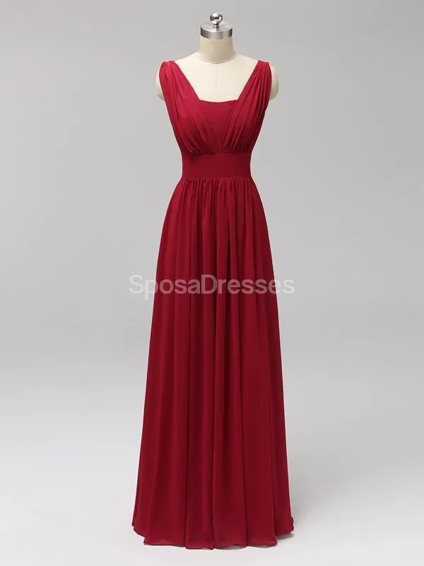 Red Two Straps Chiffon Backless Long Cheap Bridesmaid Dresses Online, WG560