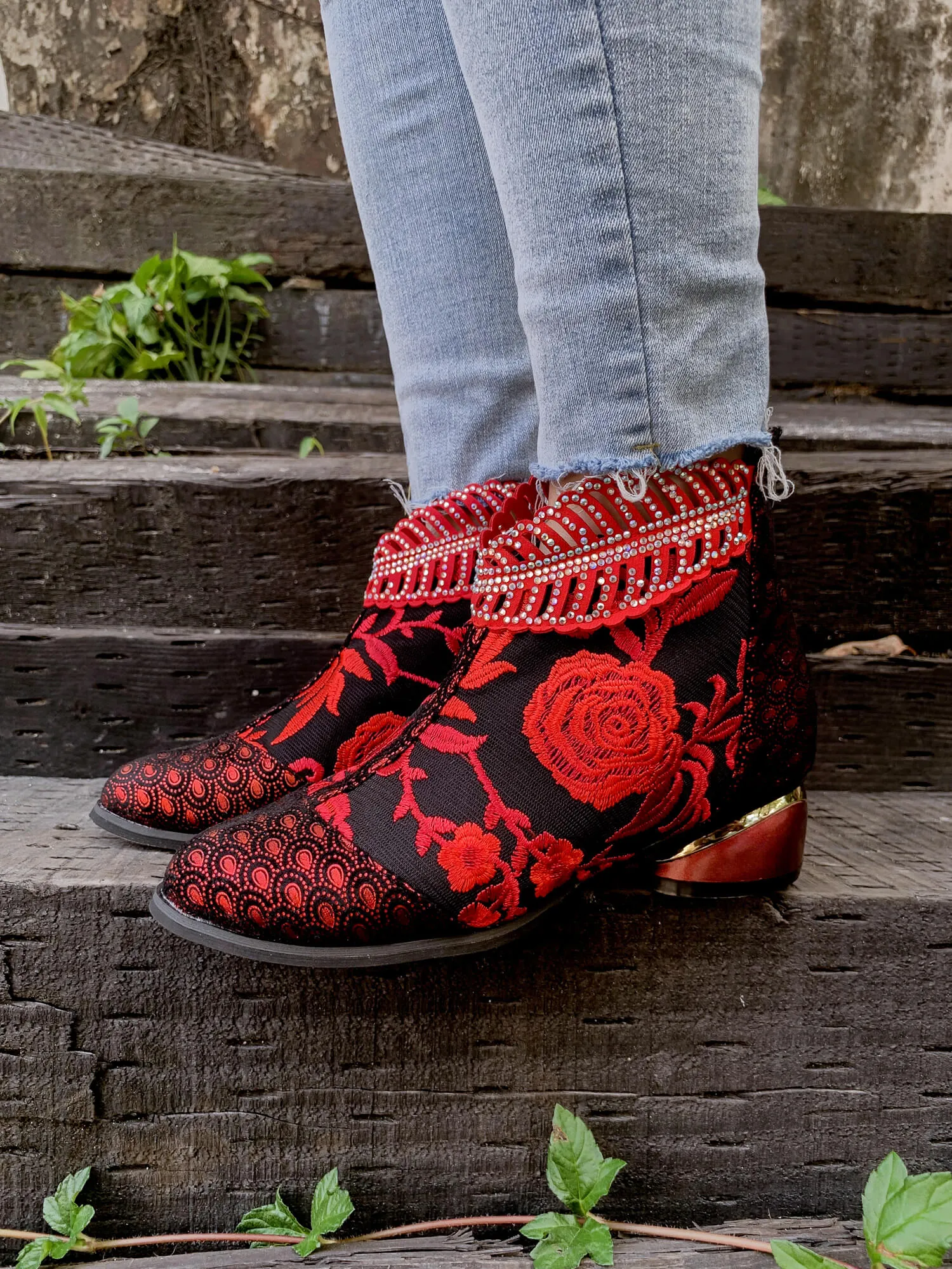 Rhinestone Ankle Floral-Embroidered Boot - Red