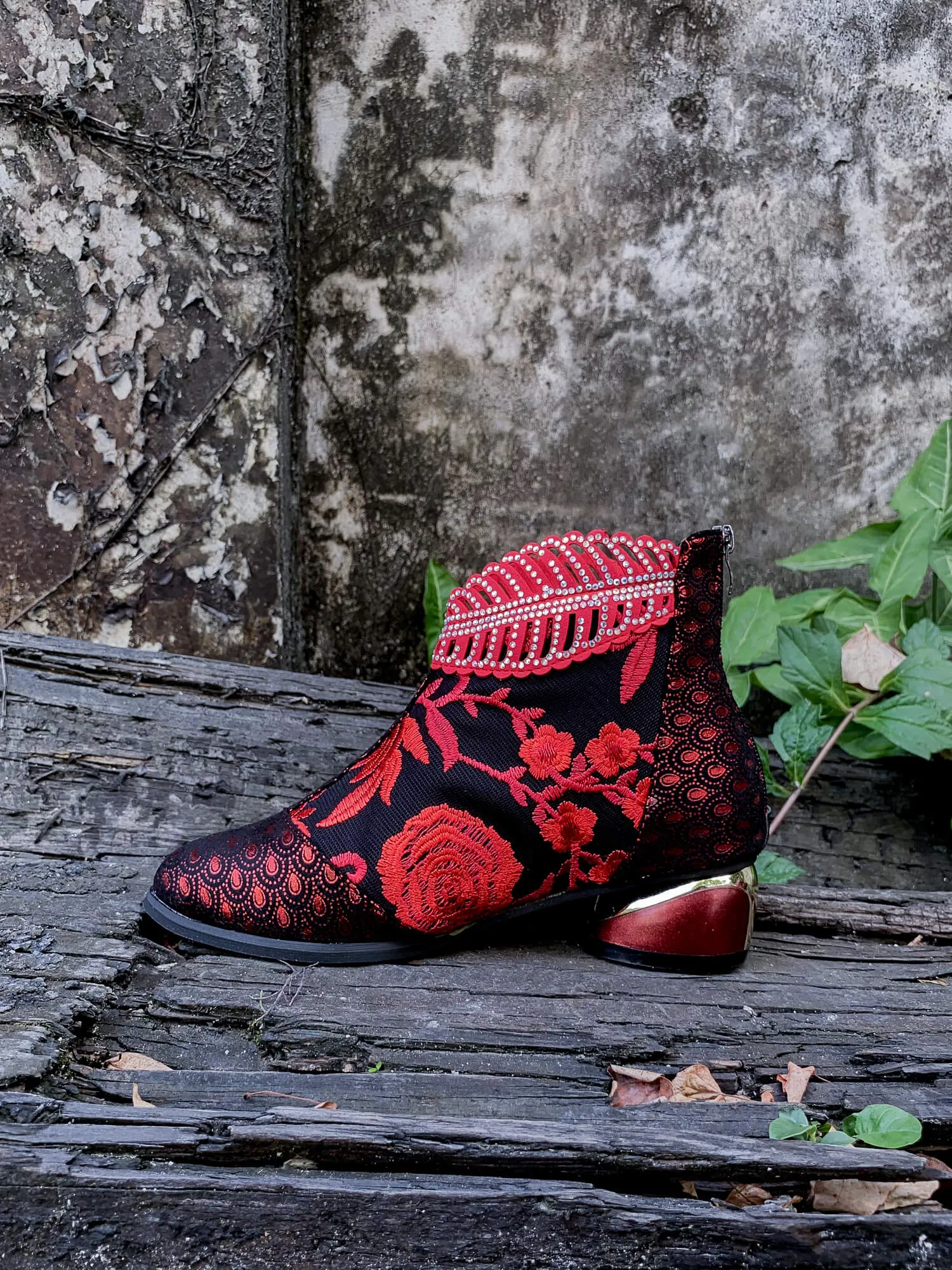 Rhinestone Ankle Floral-Embroidered Boot - Red