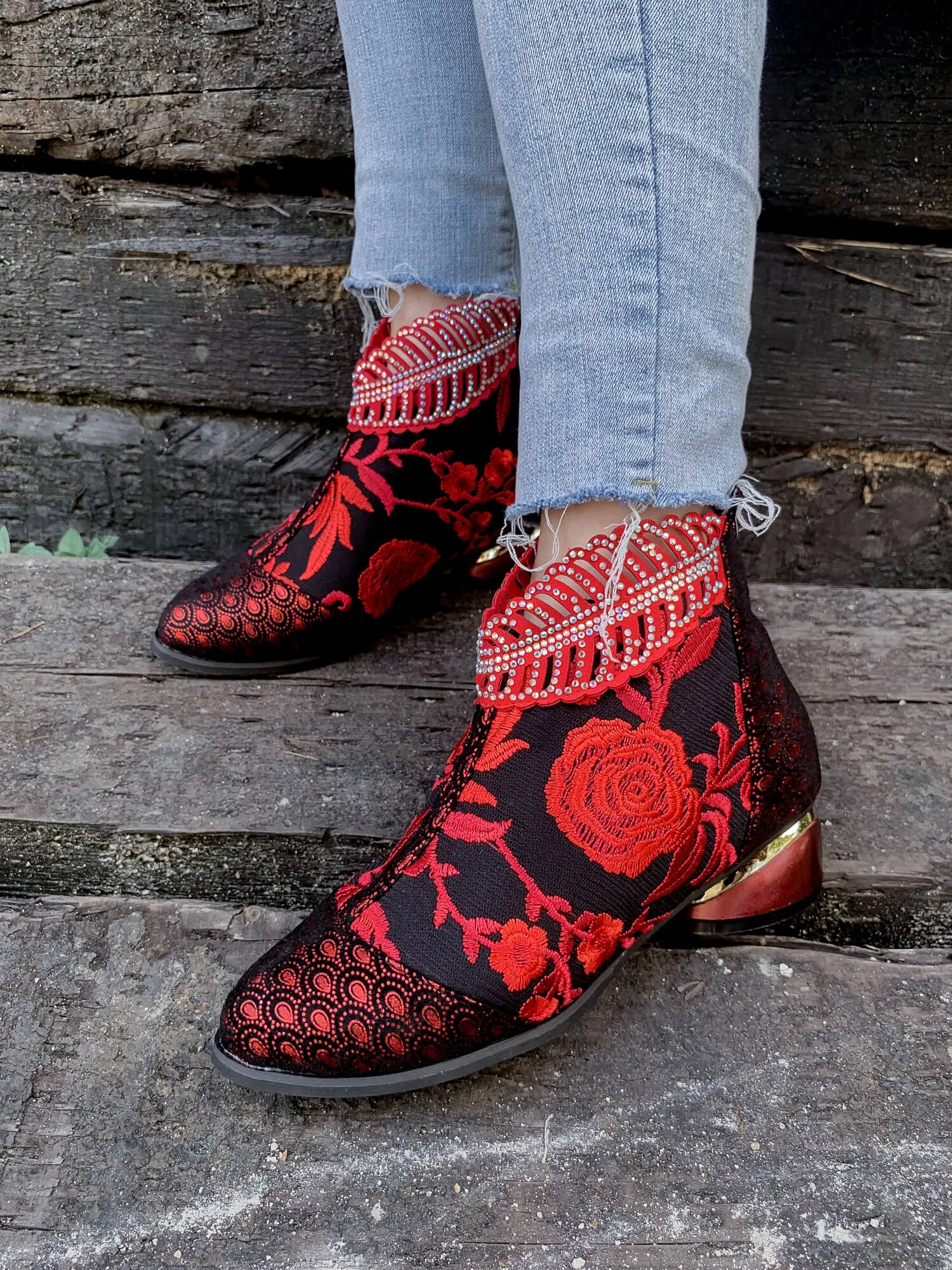 Rhinestone Ankle Floral-Embroidered Boot - Red