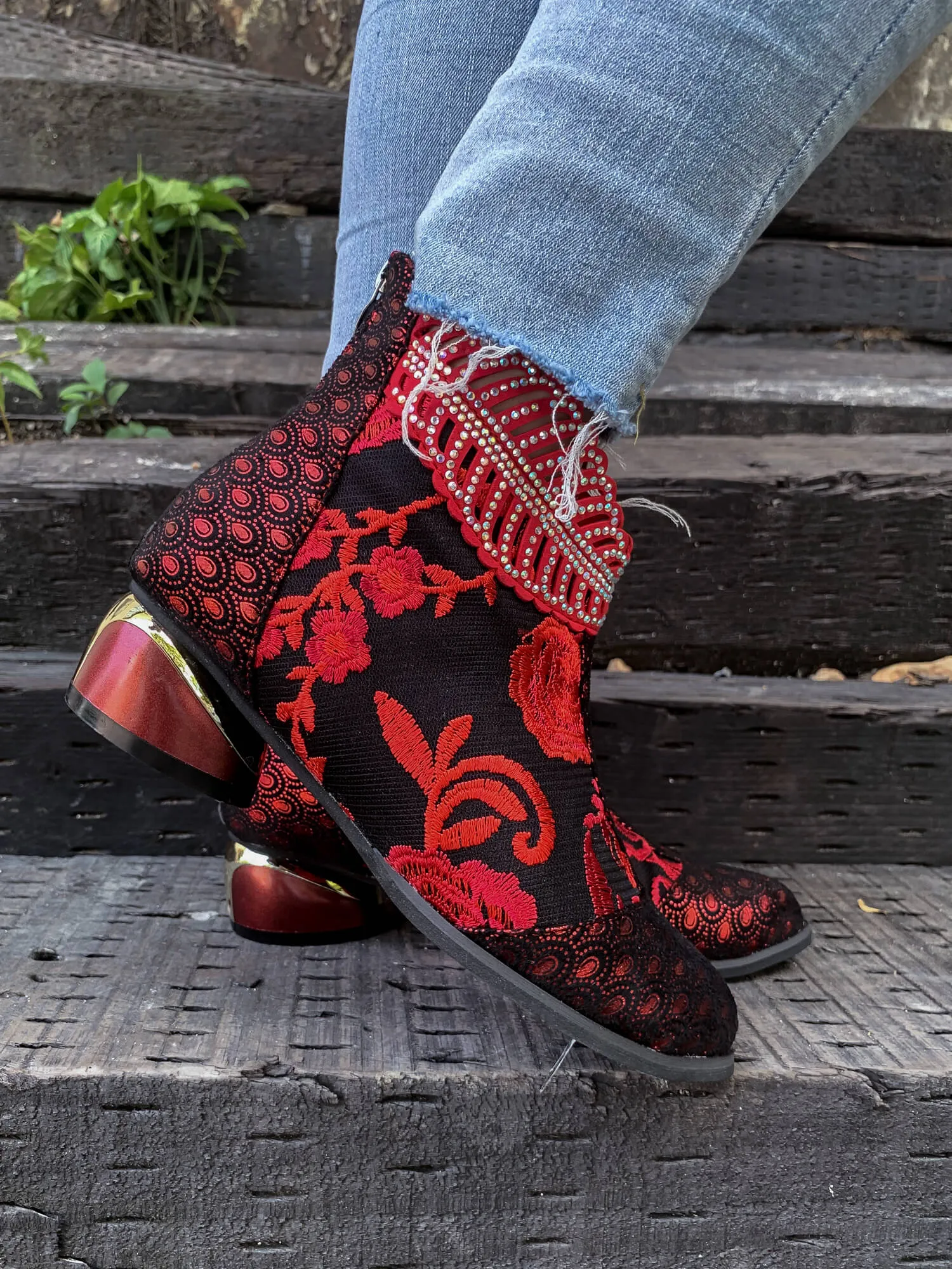 Rhinestone Ankle Floral-Embroidered Boot - Red
