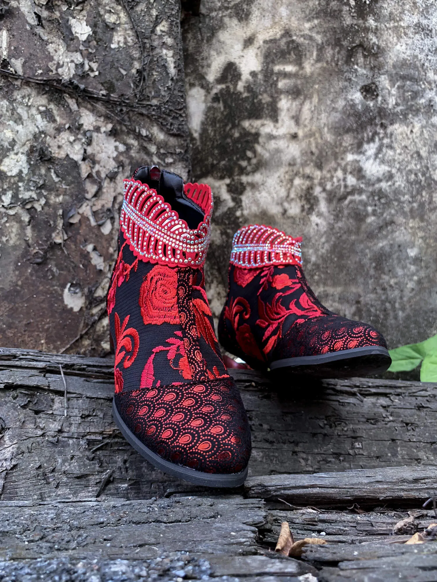 Rhinestone Ankle Floral-Embroidered Boot - Red