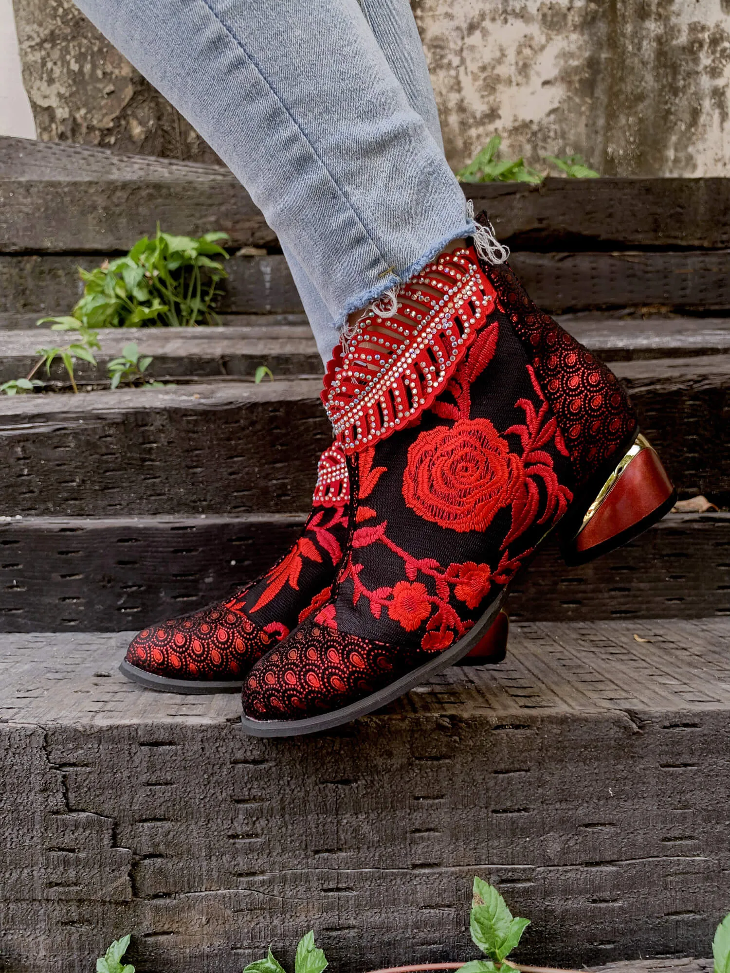 Rhinestone Ankle Floral-Embroidered Boot - Red