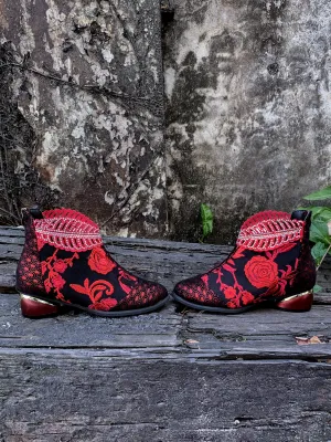 Rhinestone Ankle Floral-Embroidered Boot - Red