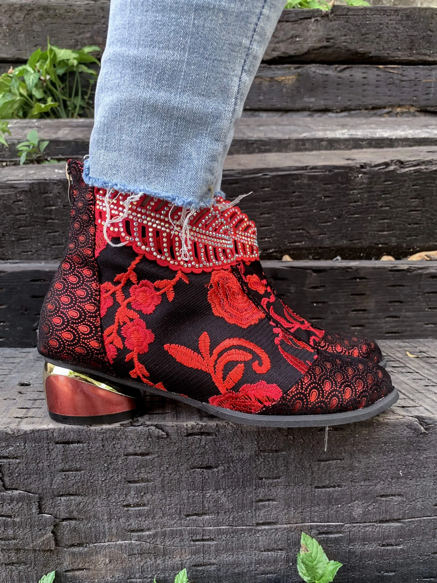 Rhinestone Ankle Floral-Embroidered Boot - Red