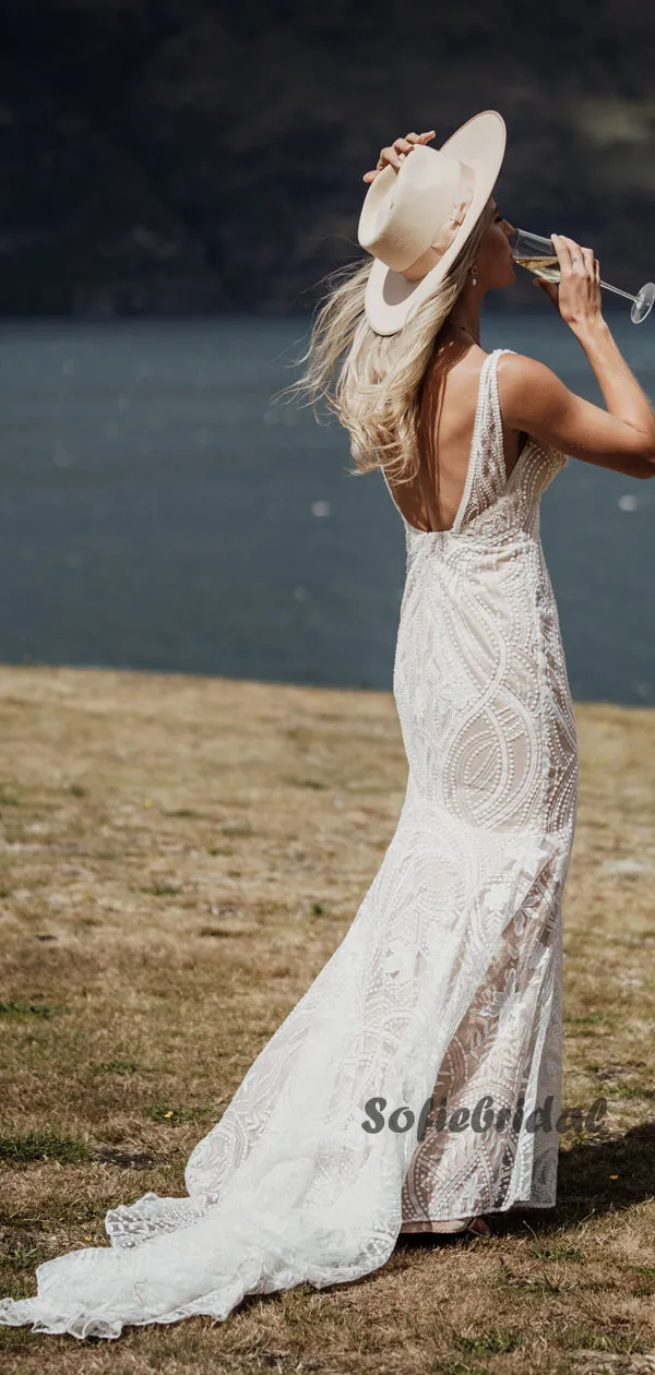 Sexy Mermaid Spaghetti Straps V-neck Lace Wedding Dresses Online,SFWD0035