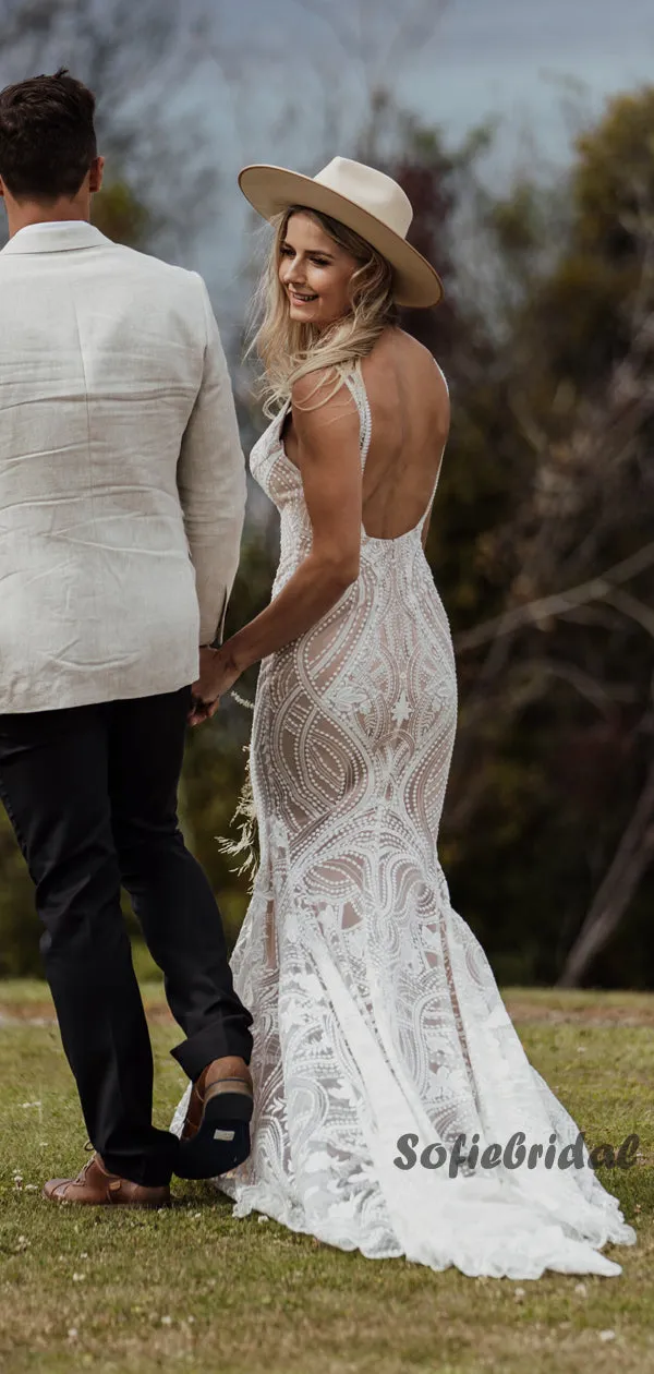 Sexy Mermaid Spaghetti Straps V-neck Lace Wedding Dresses Online,SFWD0035