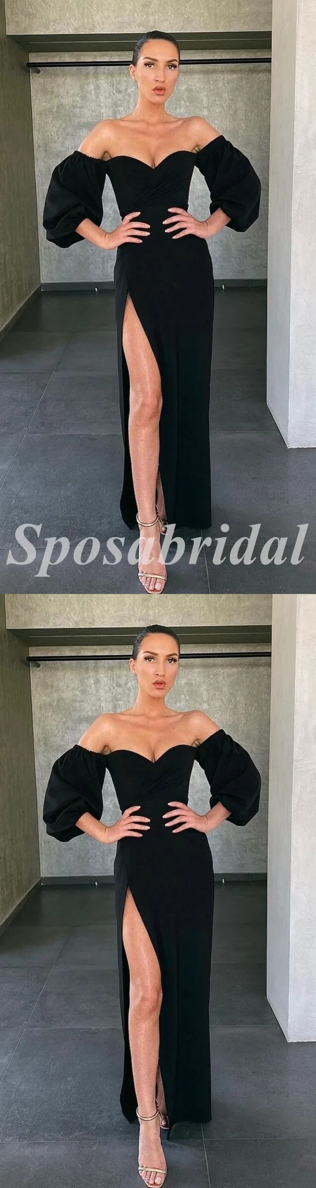 Sexy Satin Off Shoulder V-Neck Long Sleeve Side Slit Mermaid Long Prom Dresses,PD3634