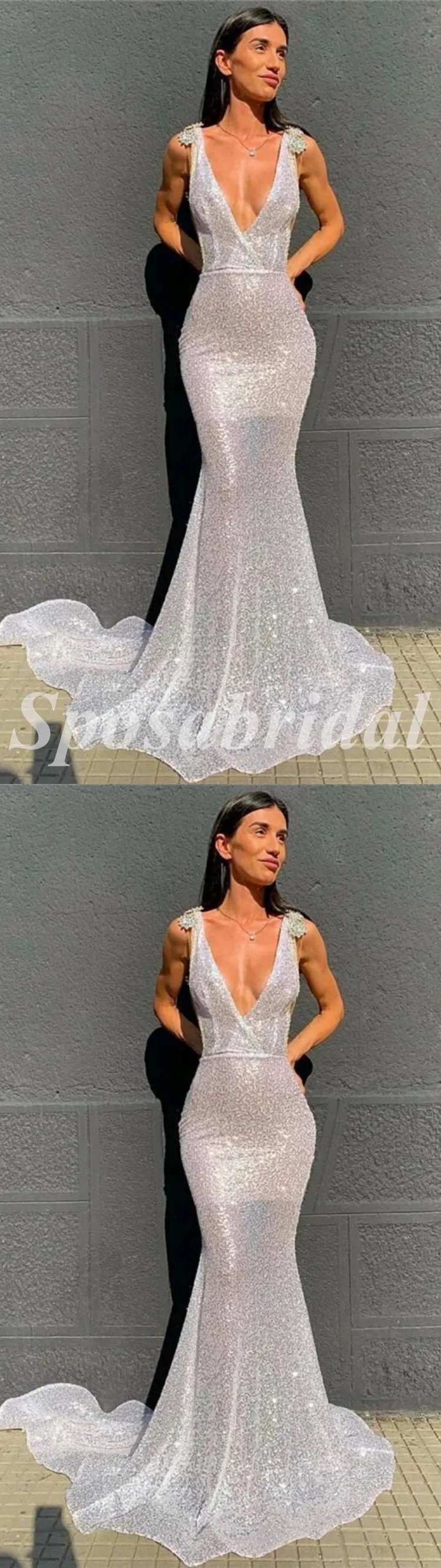 Sexy Special Fabric Spaghetti Straps V-Neck Sleeveless Mermaid Long Prom Dresses,PD3633