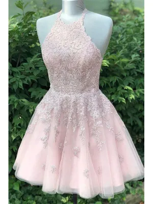 Sexy Tulle Halter A-Line Mini Dresses/ Homecoming Dresses With Lace, PD3587