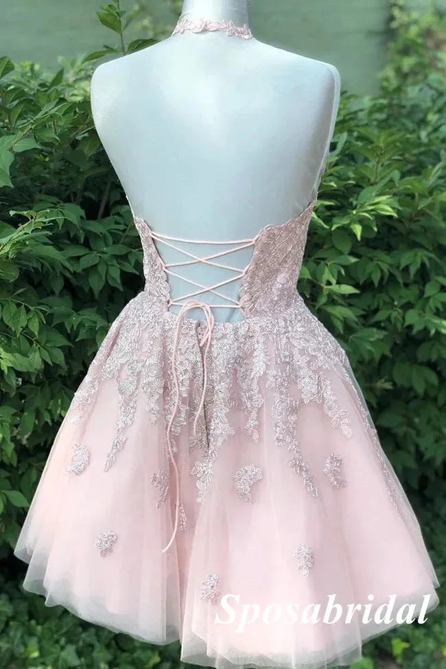 Sexy Tulle Halter A-Line Mini Dresses/ Homecoming Dresses With Lace, PD3587