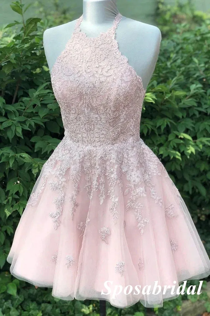 Sexy Tulle Halter A-Line Mini Dresses/ Homecoming Dresses With Lace, PD3587