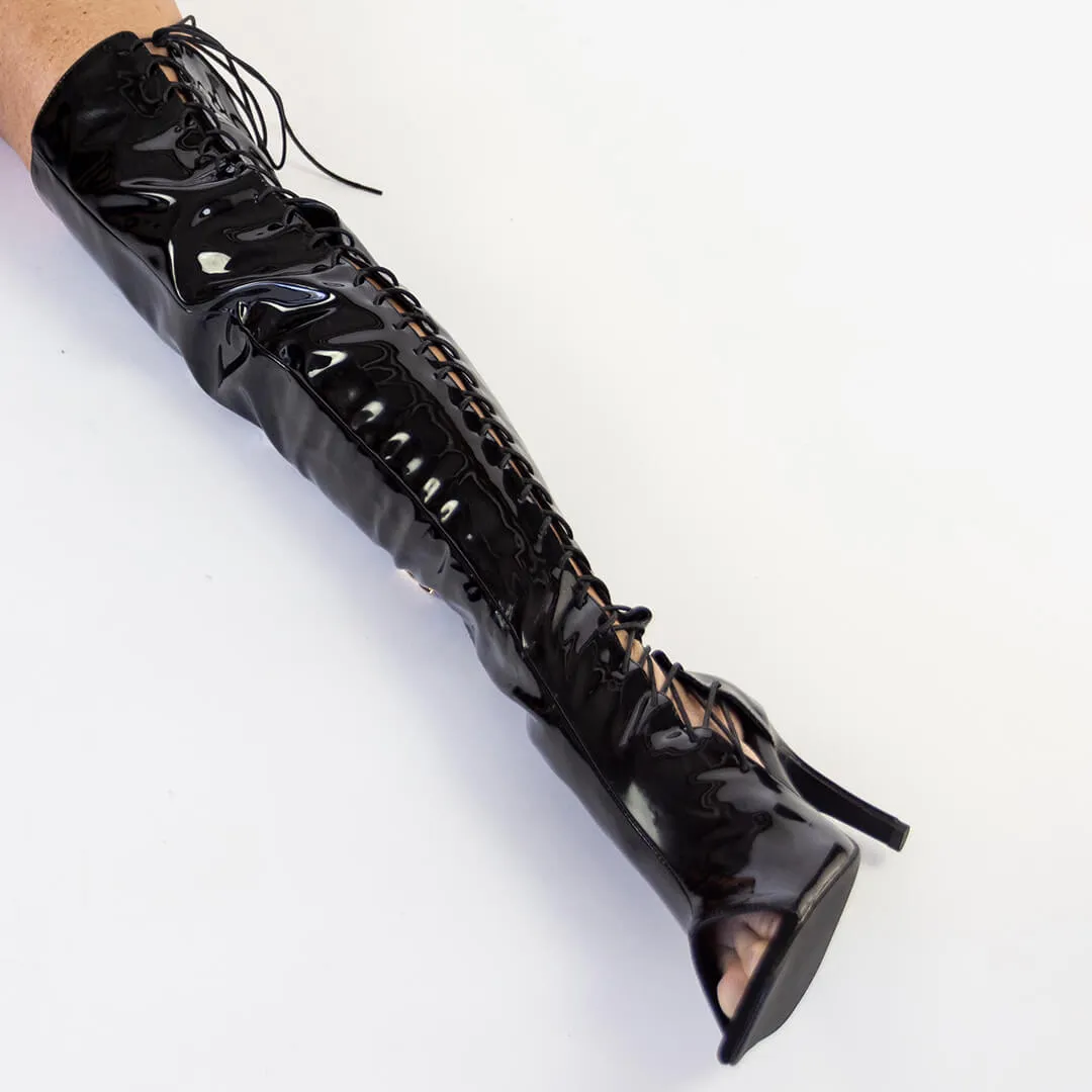 Shiny Black Open Toe Over-The-Knee Boots