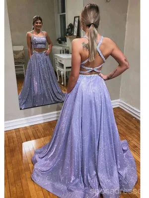Shiny Purple A-line Two Pieces Backless Cheap Long Prom Dresses,12834