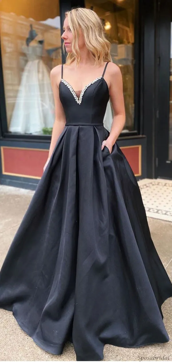 Simple Sexy Black Spaghetti-straps V-neck Beads A-line Long Peom Dress, PD3258