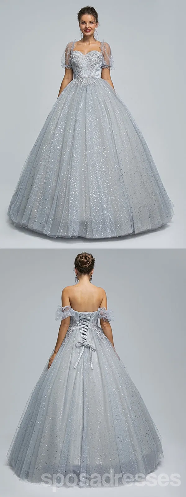 Sparkly Grey A-line Short Sleeves Cheap Long Prom Dresses,13051