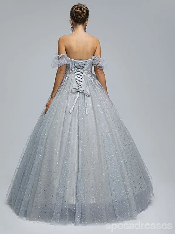 Sparkly Grey A-line Short Sleeves Cheap Long Prom Dresses,13051