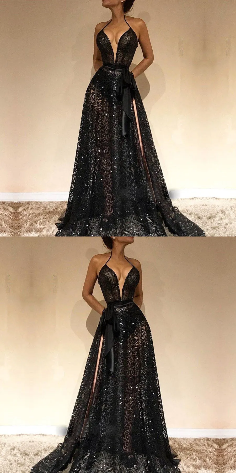 Sparkly Sexy Halter Lace Black V-Neck A-line Side-slit Long Prom Dress, PD0580