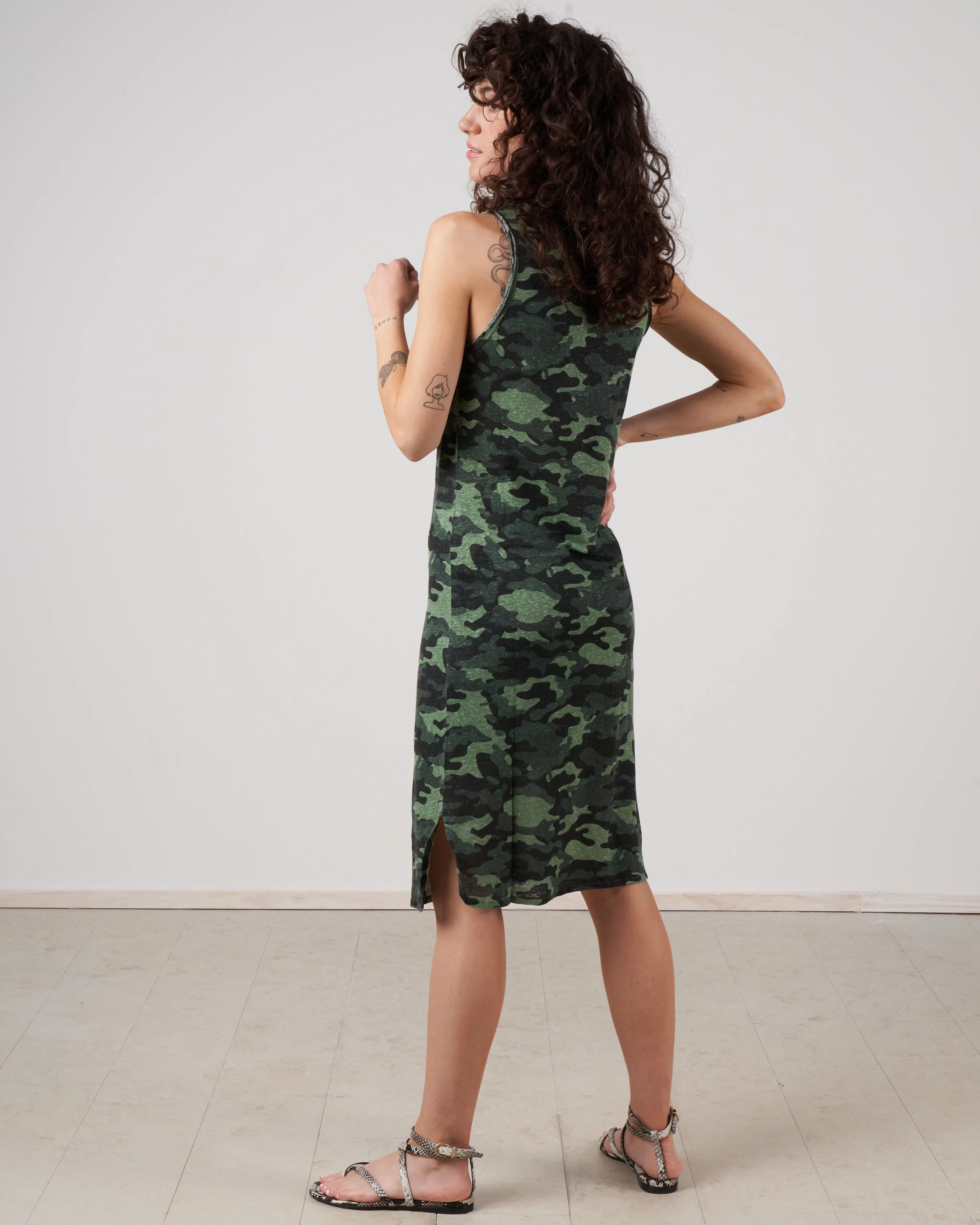 stretch linen camo tank dress - camo vert