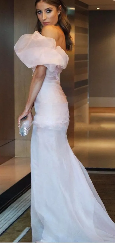 Sweetheart Blush Pink One-shoulder Bubble Sleeve Mermaid Long Evening Prom Dresses, PD2319