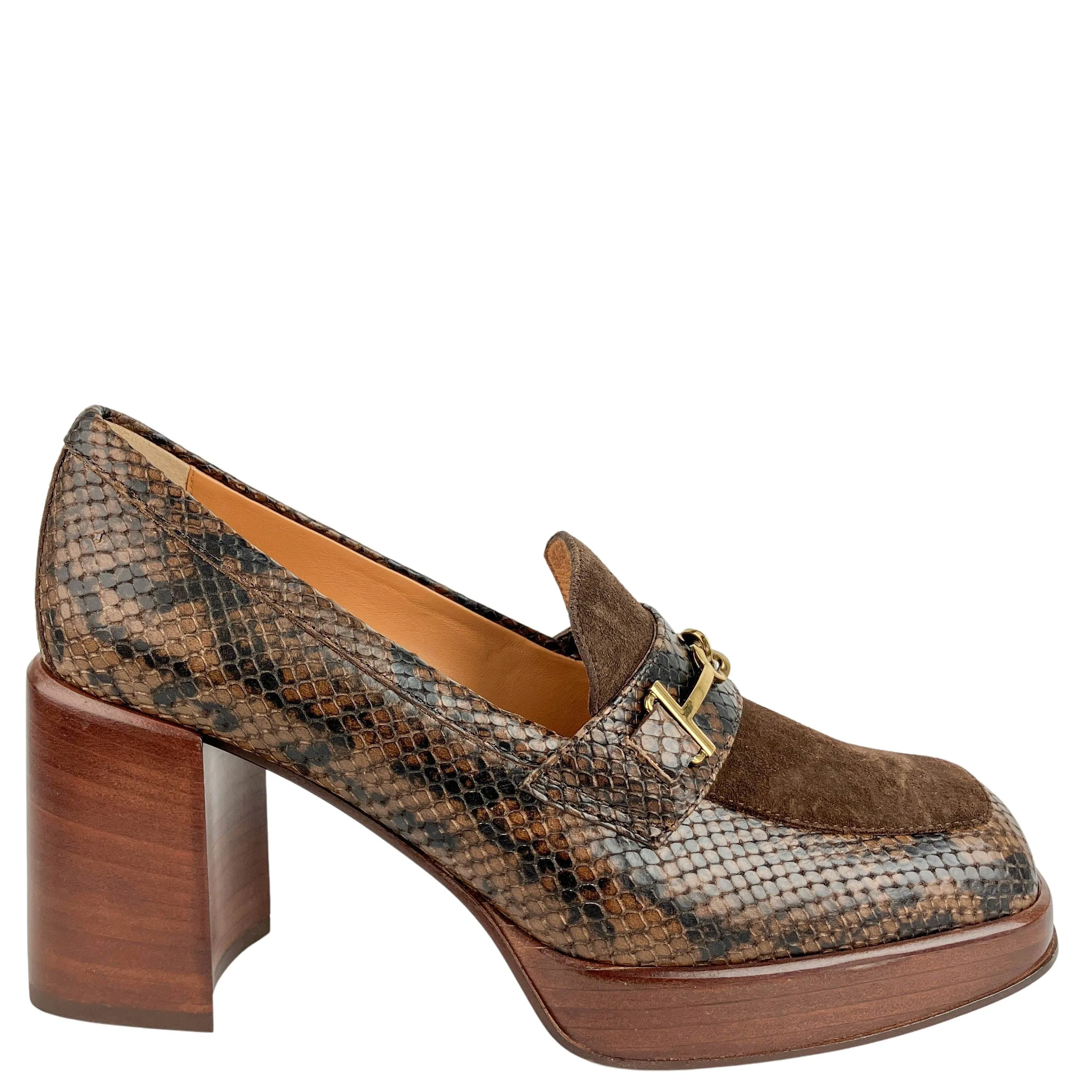 Tod's Snake-Effect Leather Loafer Pumps in Cafe