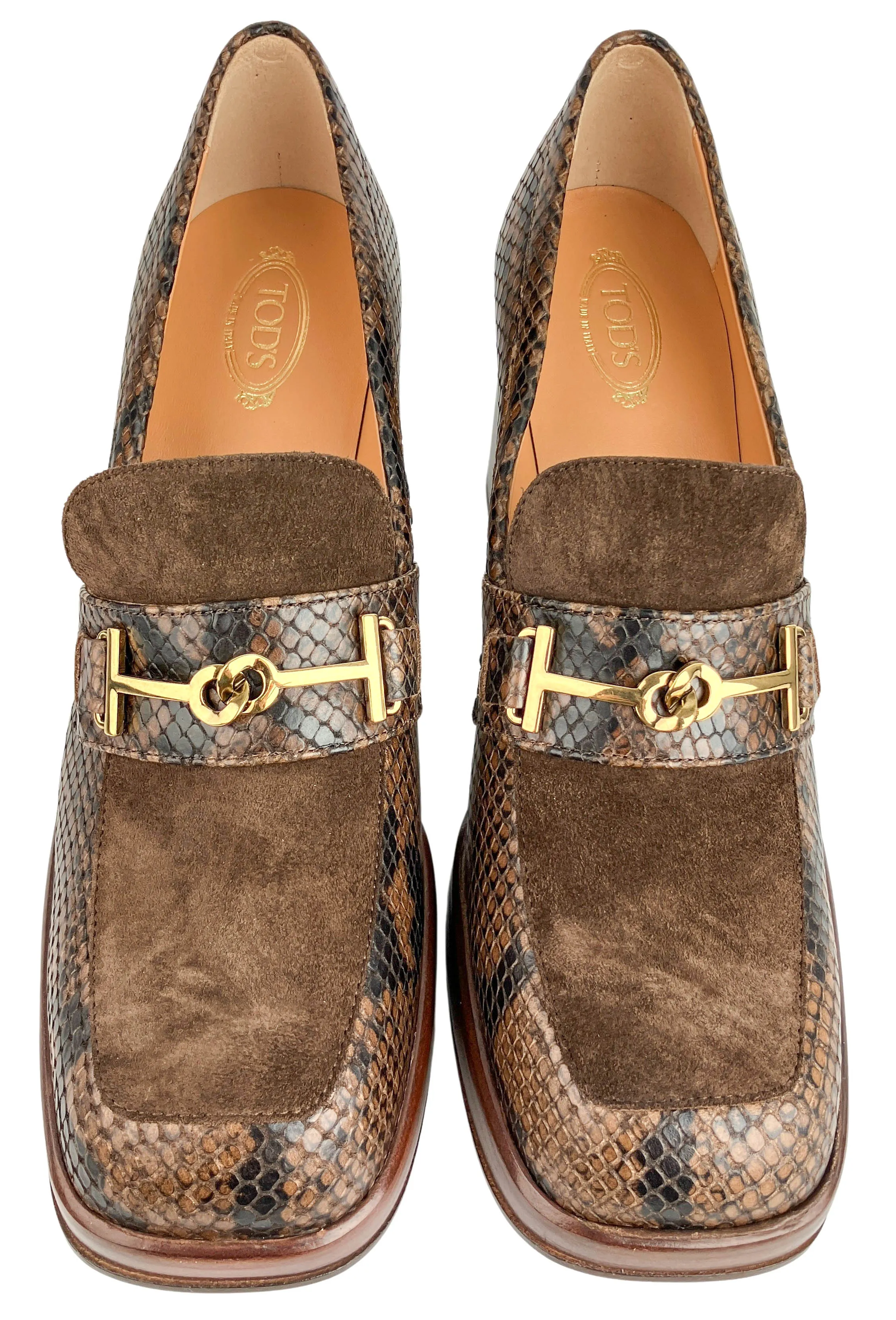 Tod's Snake-Effect Leather Loafer Pumps in Cafe